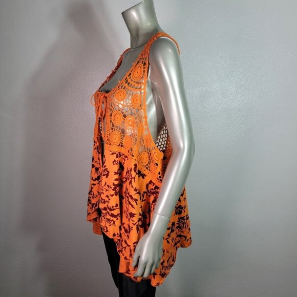 Denim 24/7 Top Plus Size 1X Crochet Stretch Open Tie Front Square‎ Neck Orange - Picture 3 of 6
